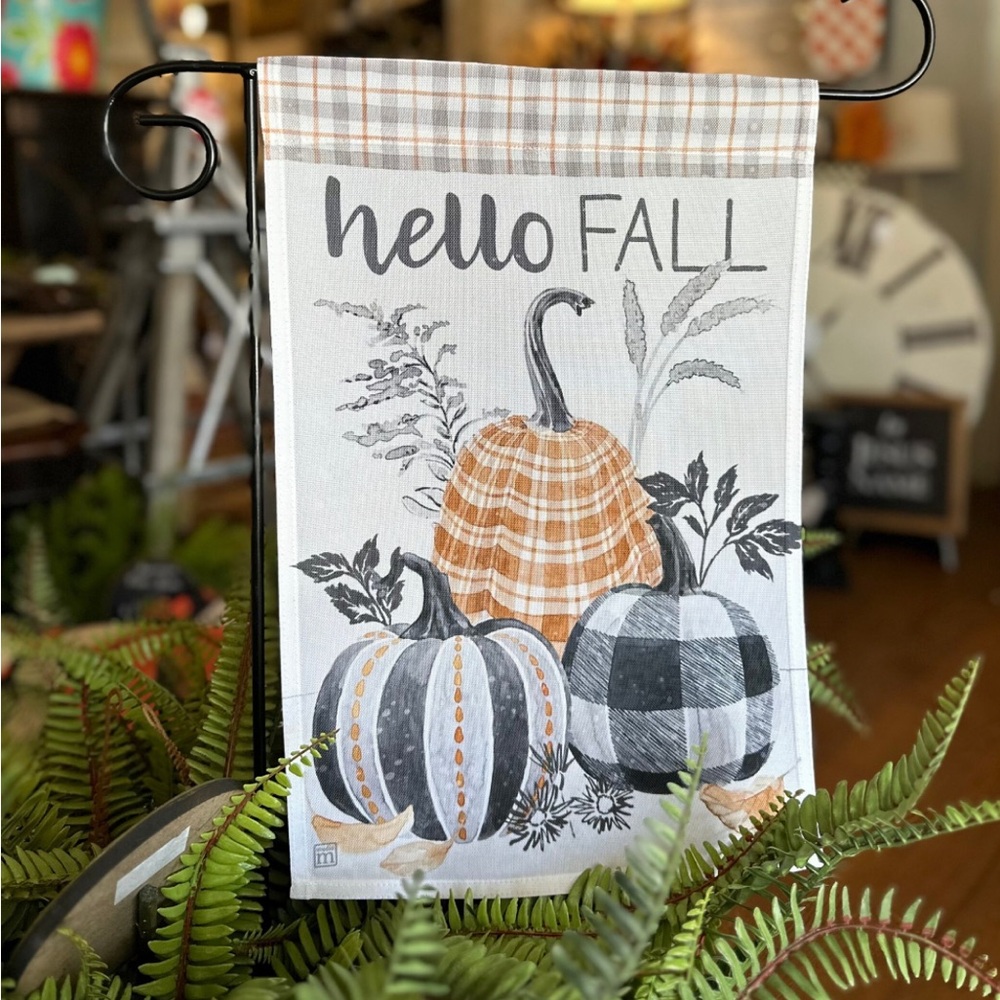 Pumpkin Hello Fall Flag Orange, Black, and White Check
